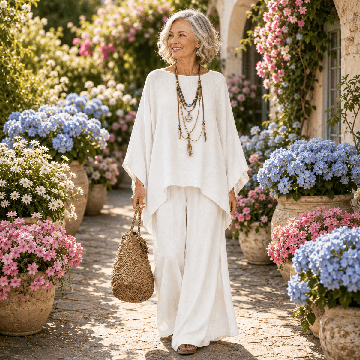 Ensemble blanc cassé ample: tunique et pantalon long assortis, col rond