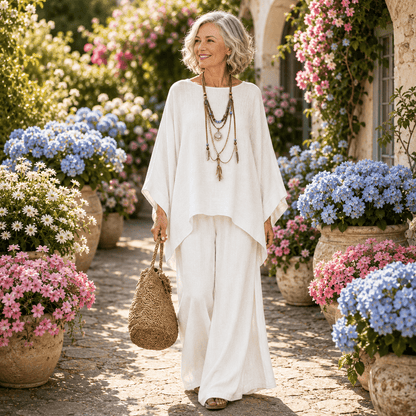 Ensemble blanc cassé ample: tunique et pantalon long assortis, col rond