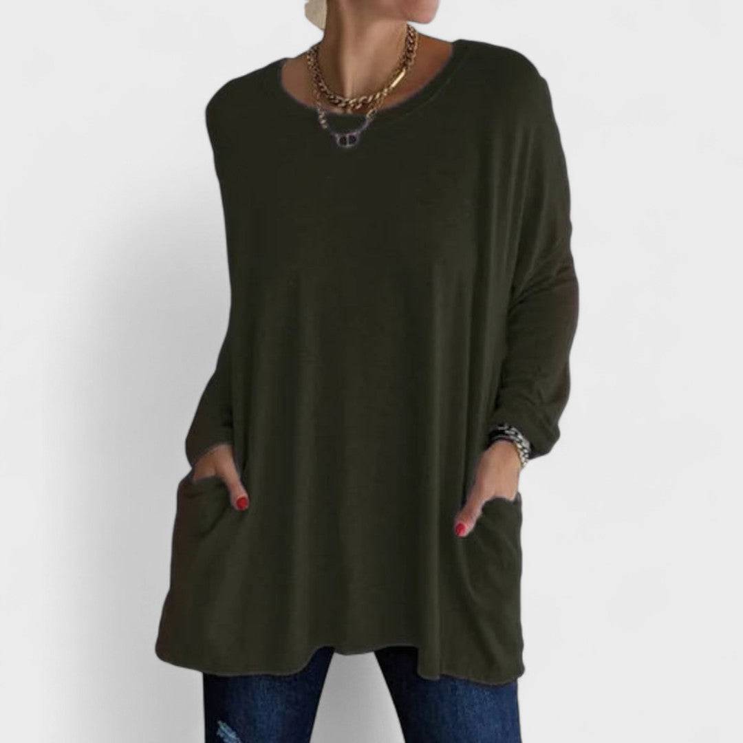 T-shirt décontracté à manches longues vert foncé, encolure ras du cou.