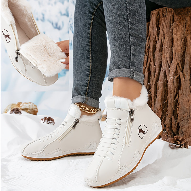 Bottines d’hiver blanches, tige haute, doublure fourrée et fermeture éclair latérale