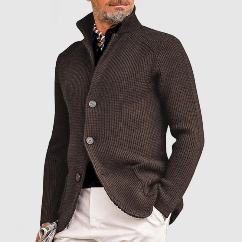 Cardigan homme col montant boutonné, maille texturée marron