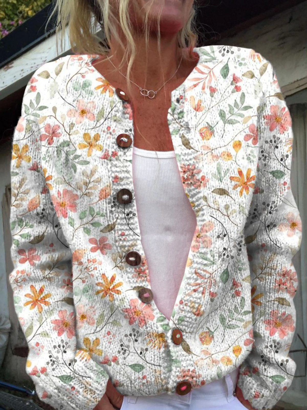 Cardigan en maille à motifs floraux vintage, boutonné, décolleté en V