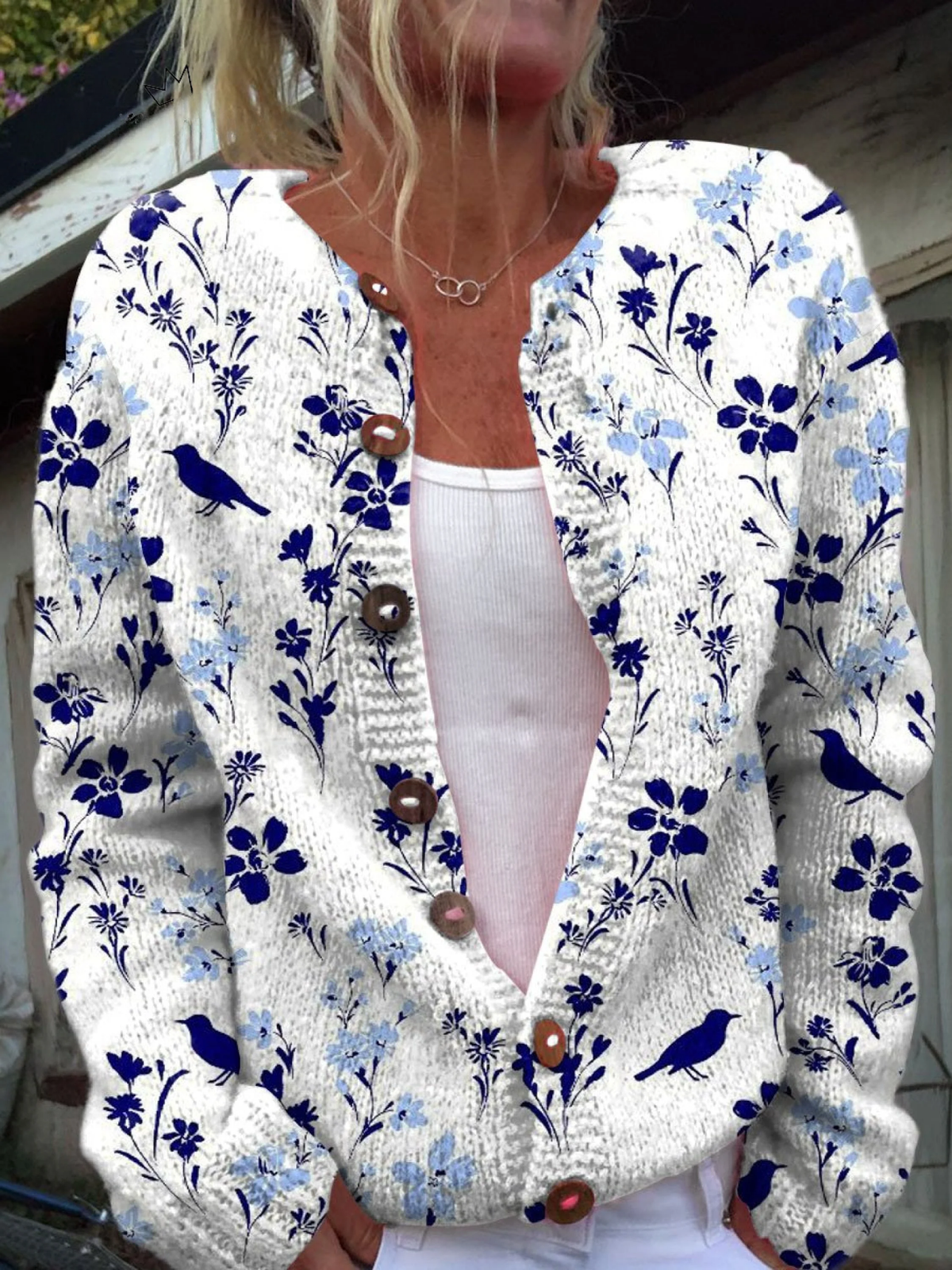 Gilet boutonné à imprimé floral bleu et oiseaux, col V