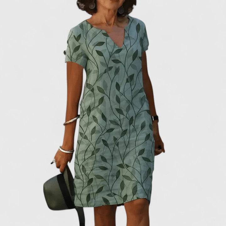 Robe d’été Calisse à encolure en V, manches courtes, motif feuilles vert
