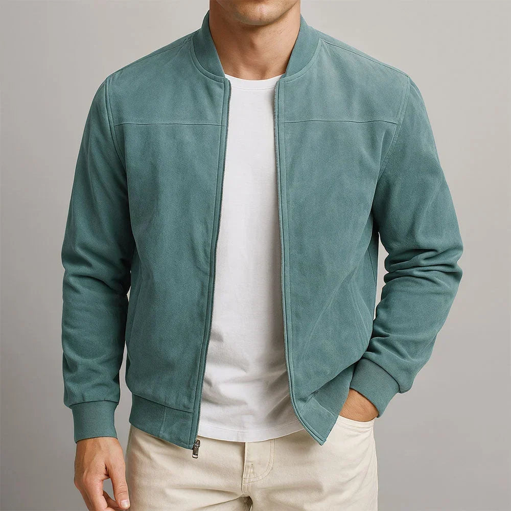 Blouson bomber moderne vert d'eau suédé, fermeture zippée, col montant côtelé