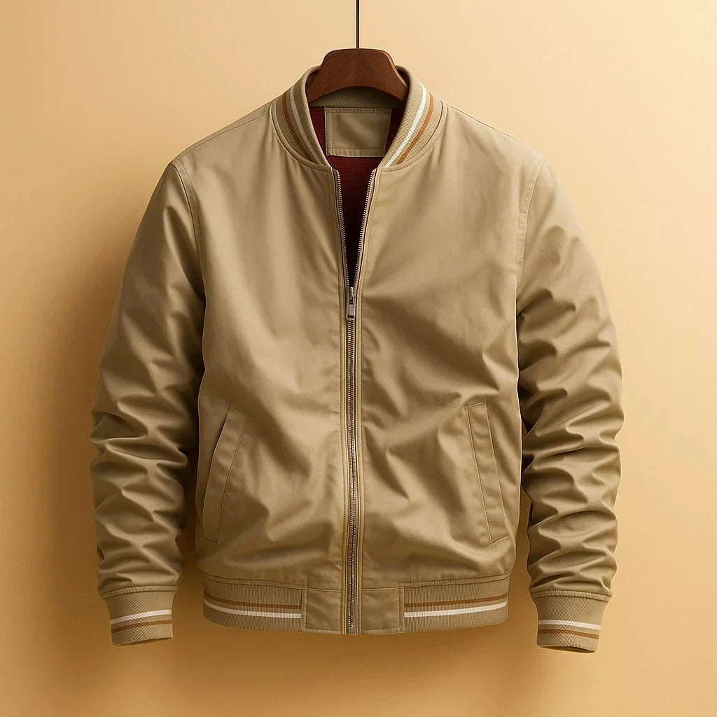 Veste bomber imperméable beige, fermeture éclair, bordures côtelées rayées