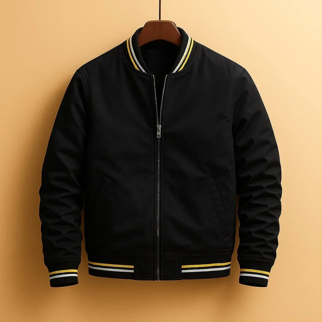 Veste bomber imperméable noire, fermeture éclair, bordures côtelées rayées