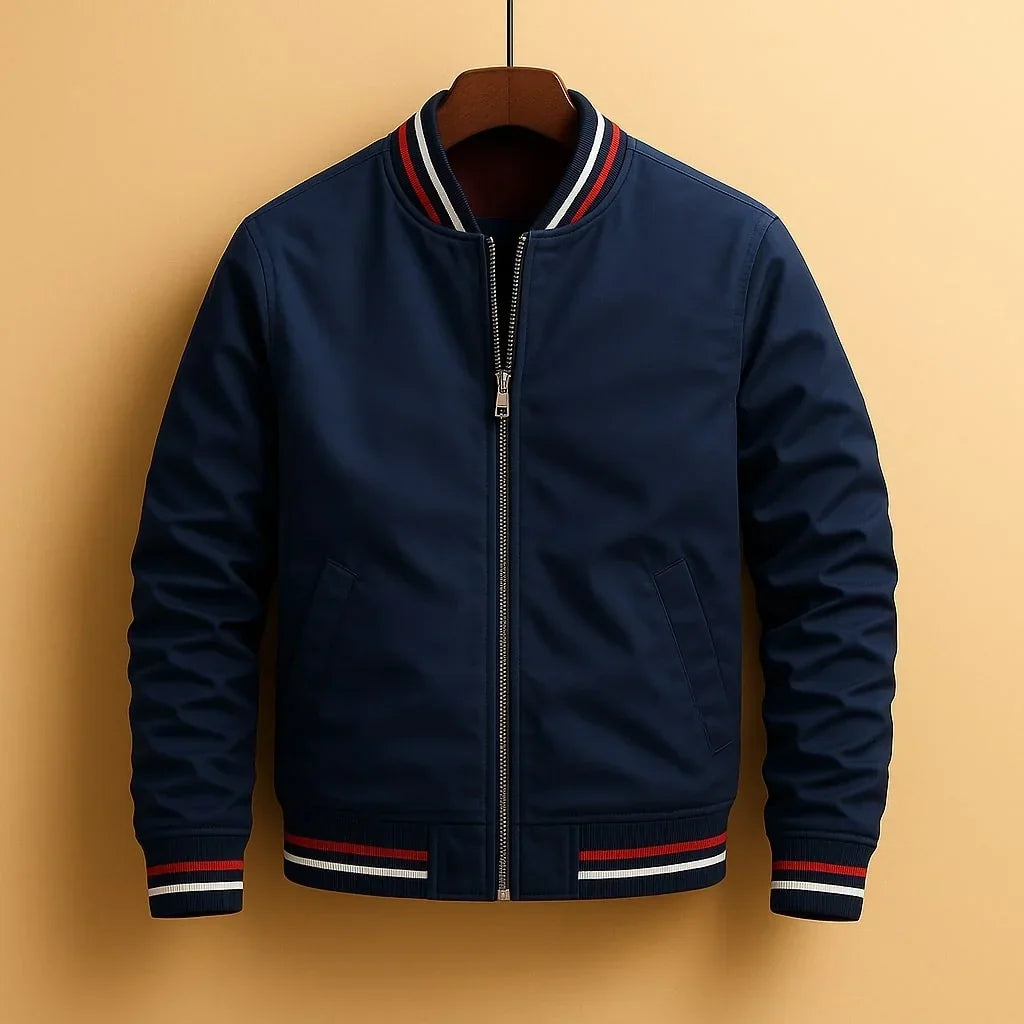 Veste bomber imperméable bleu marine, fermeture éclair, bordures côtelées rayées
