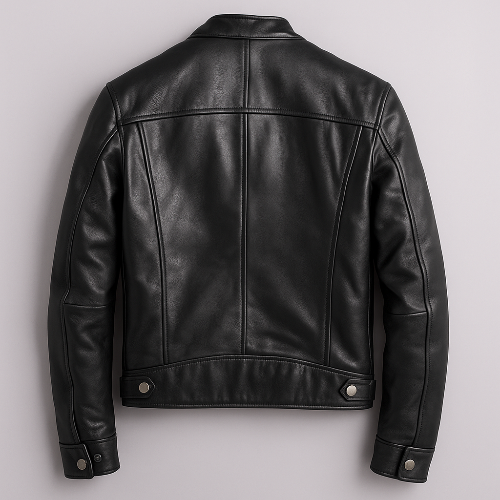 Veste vintage en cuir noire zippée, vue dos avec coutures verticales et patte