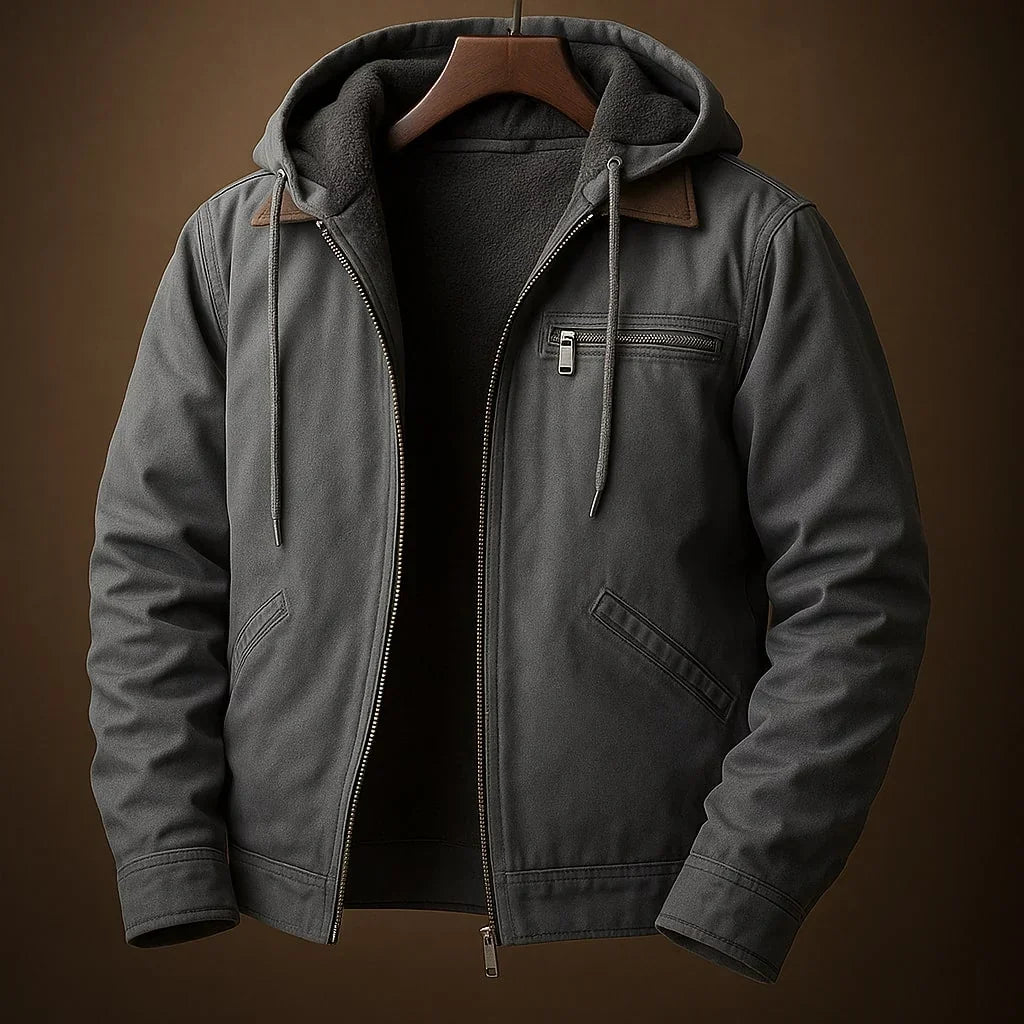 Veste à capuche gris zippée, poche zippée poitrine et cordons de capuche.