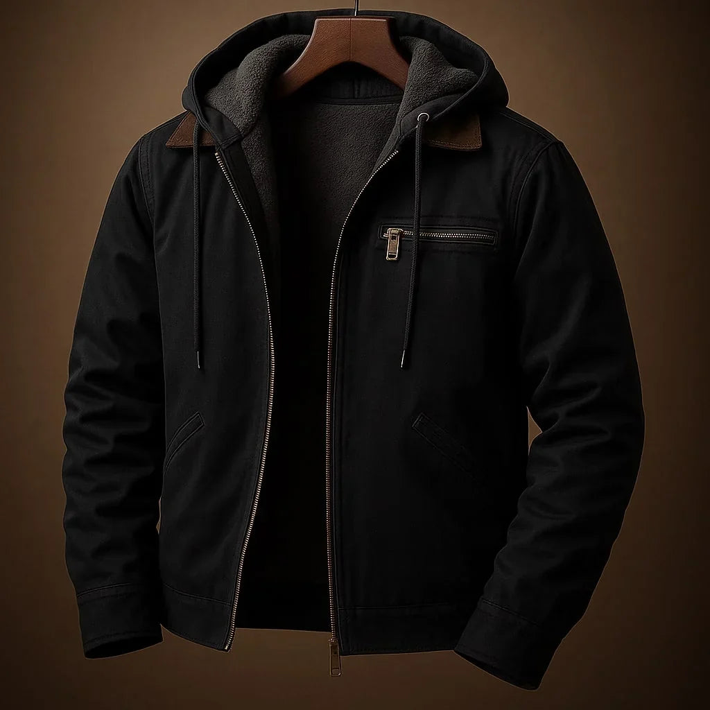 Veste à capuche noire zippée, poche zippée poitrine et cordons de capuche.