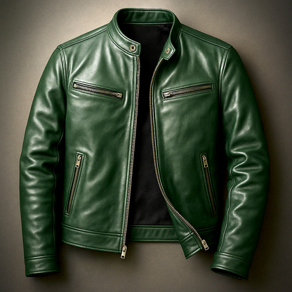 Veste vintage en cuir vert zippée, manches longues, poches zippées et col boutonné
