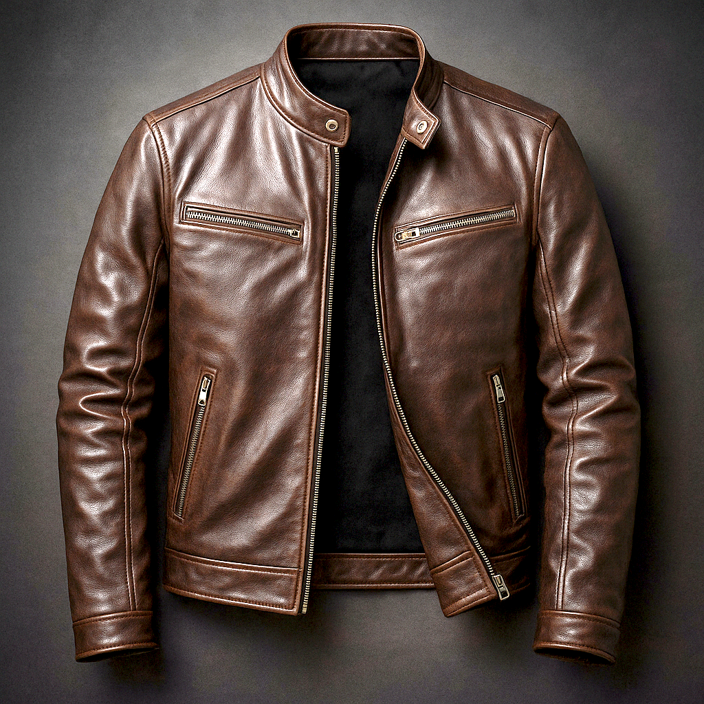 Veste vintage en cuir marron zippée, col boutonné, deux poches zippées sur la poitrine