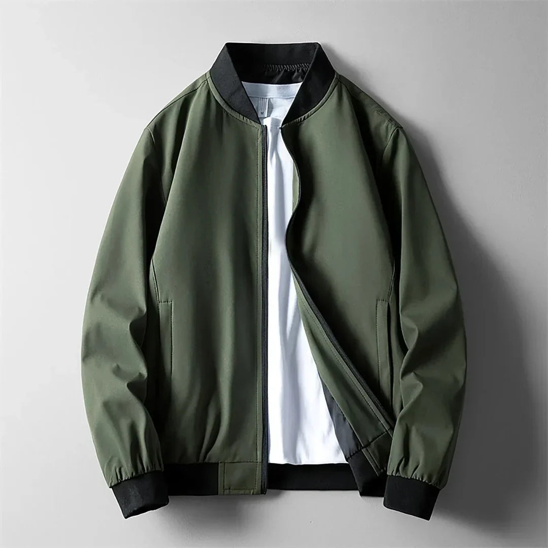Veste bomber verte à fermeture éclair, col, poignets et ourlet côtelés
