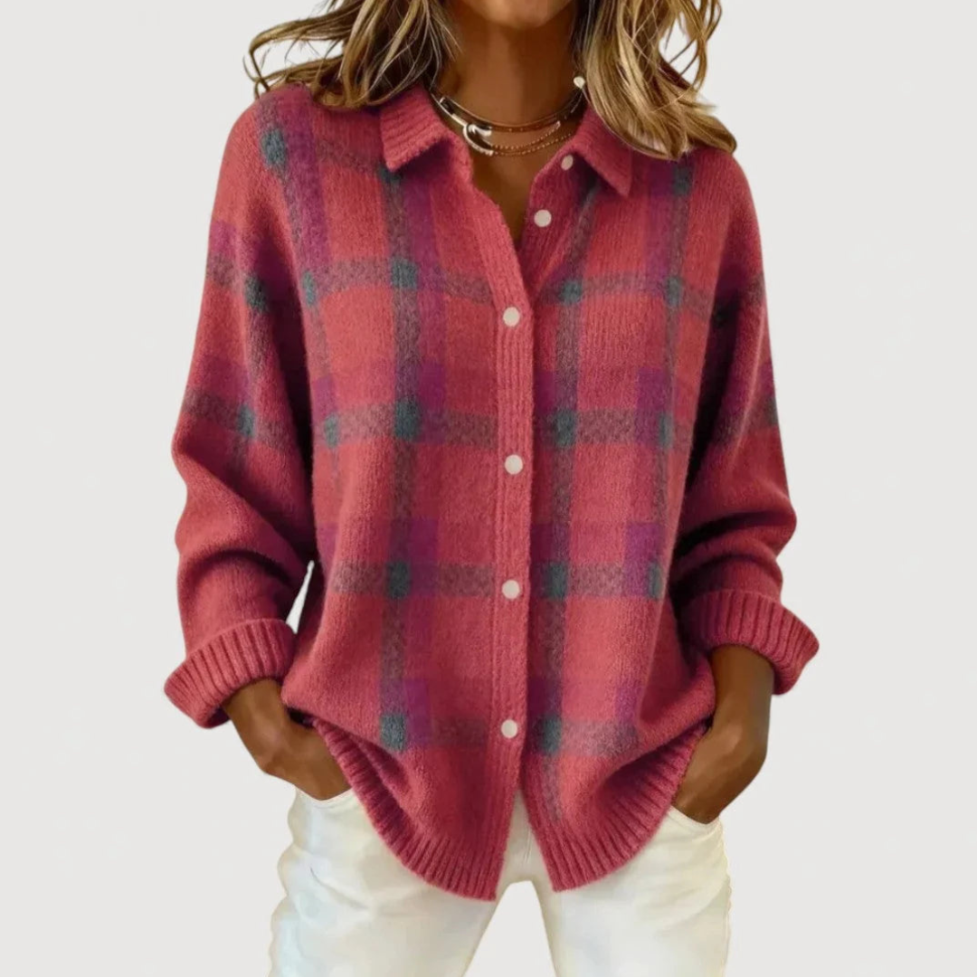 Cardigan Camille en maille à carreaux – Rose