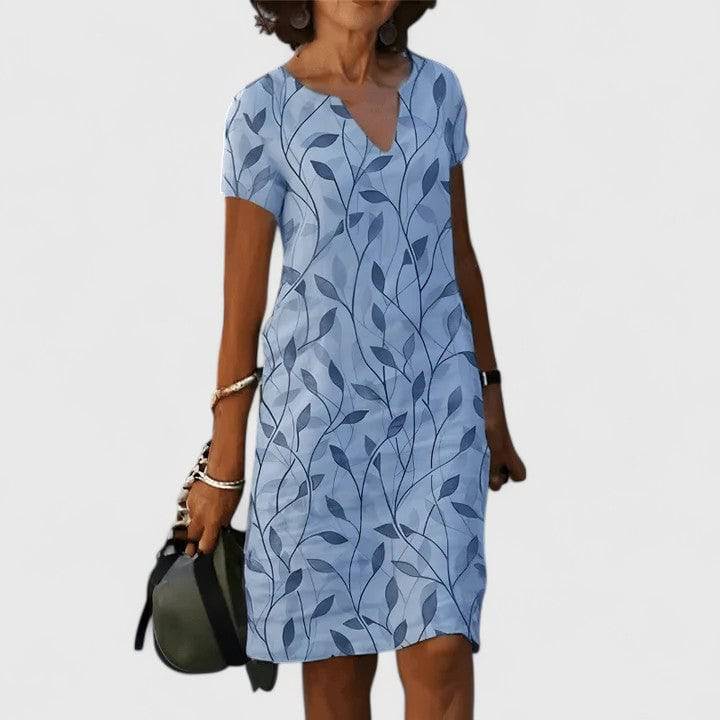 Robe d’été Calisse à encolure en V, manches courtes, motif feuilles bleu