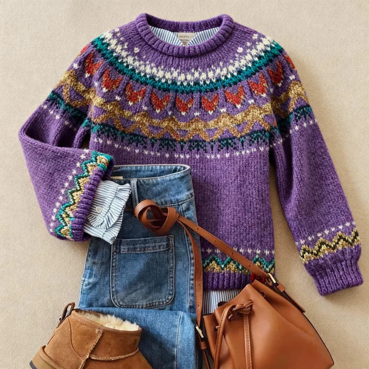 Pull jacquard nordique violet avec motif multicolore en jacquard, col rond côtelé.