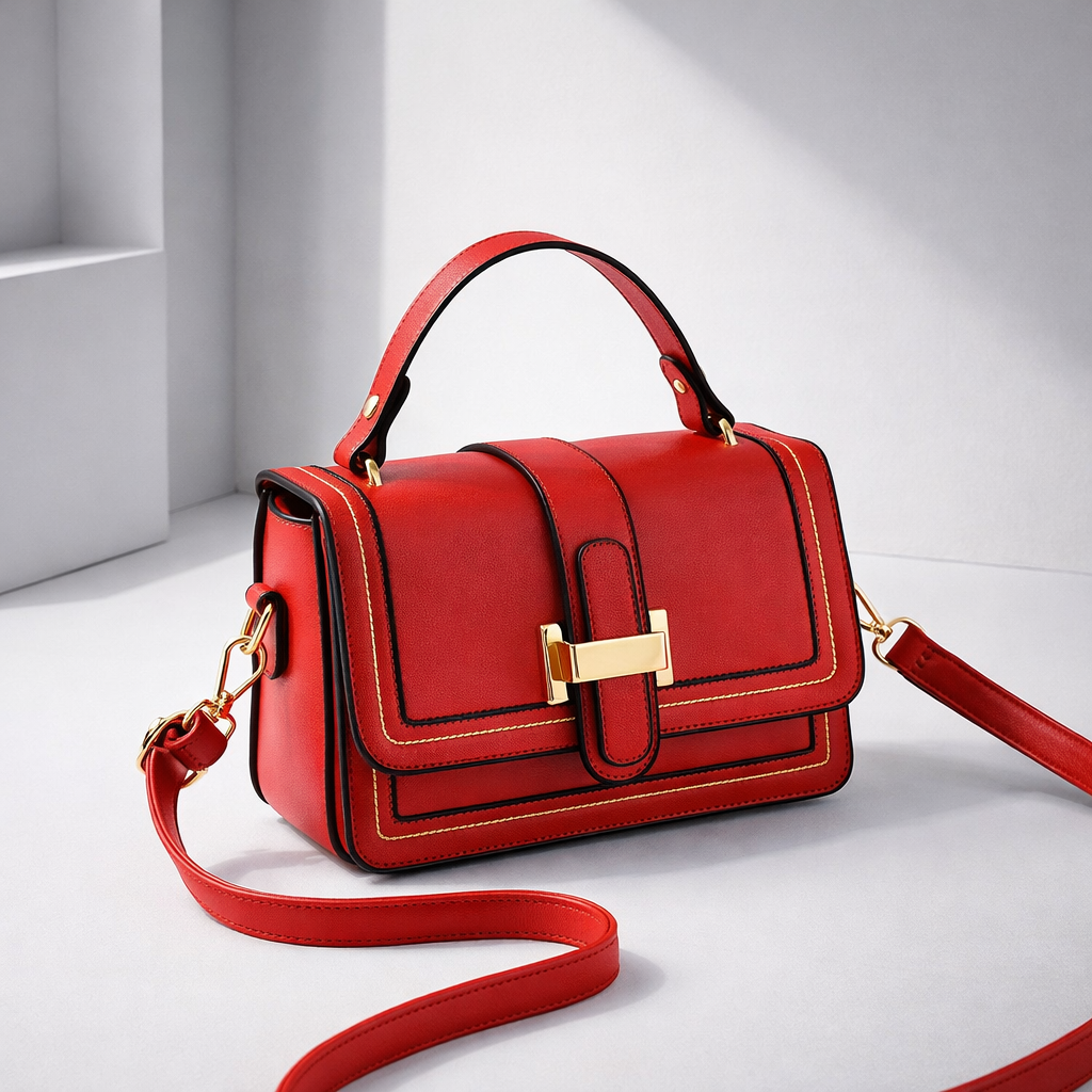 Sac à main en cuir rouge avec rabat, fermoir doré rectangulaire et bandoulière.