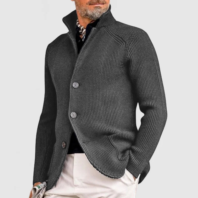 Cardigan homme col montant boutonné, maille texturée gris foncé