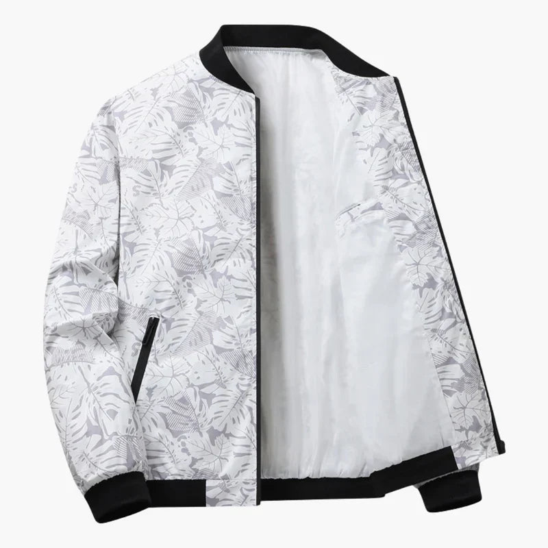 Blouson bomber Louis blanc à motif feuillagé gris, fermeture zippée, col côtelé.