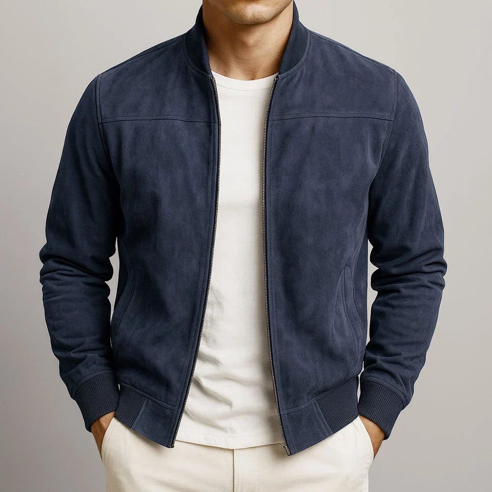 Blouson bomber moderne bleu marine suédé, fermeture zippée, col et poignets côtelés