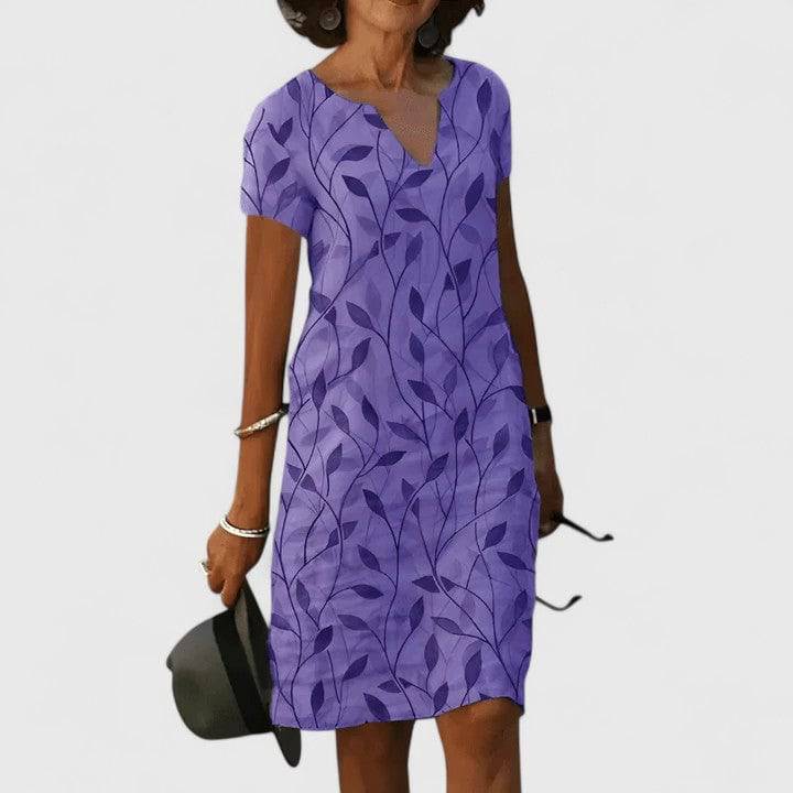 Robe d’été Calisse à encolure en V, manches courtes, motif feuilles violet