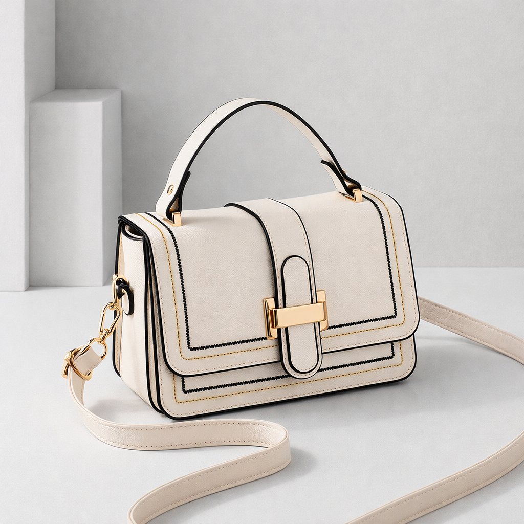 Sac à main en cuir crème avec rabat et fermoir doré, bandoulière réglable.
