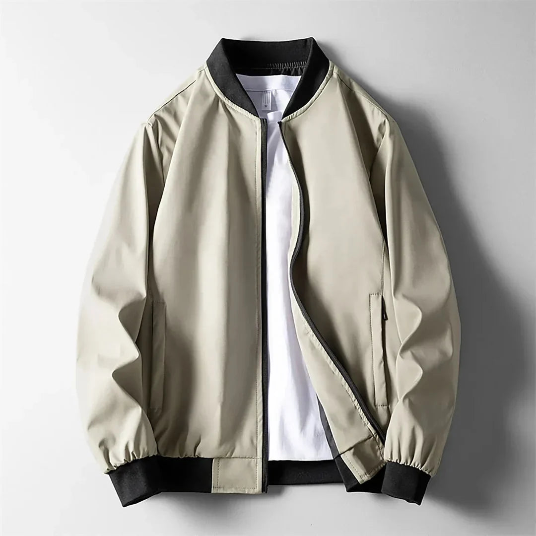 Blouson bomber coupe-vent beige, zip devant, col montant, poignets côtelés
