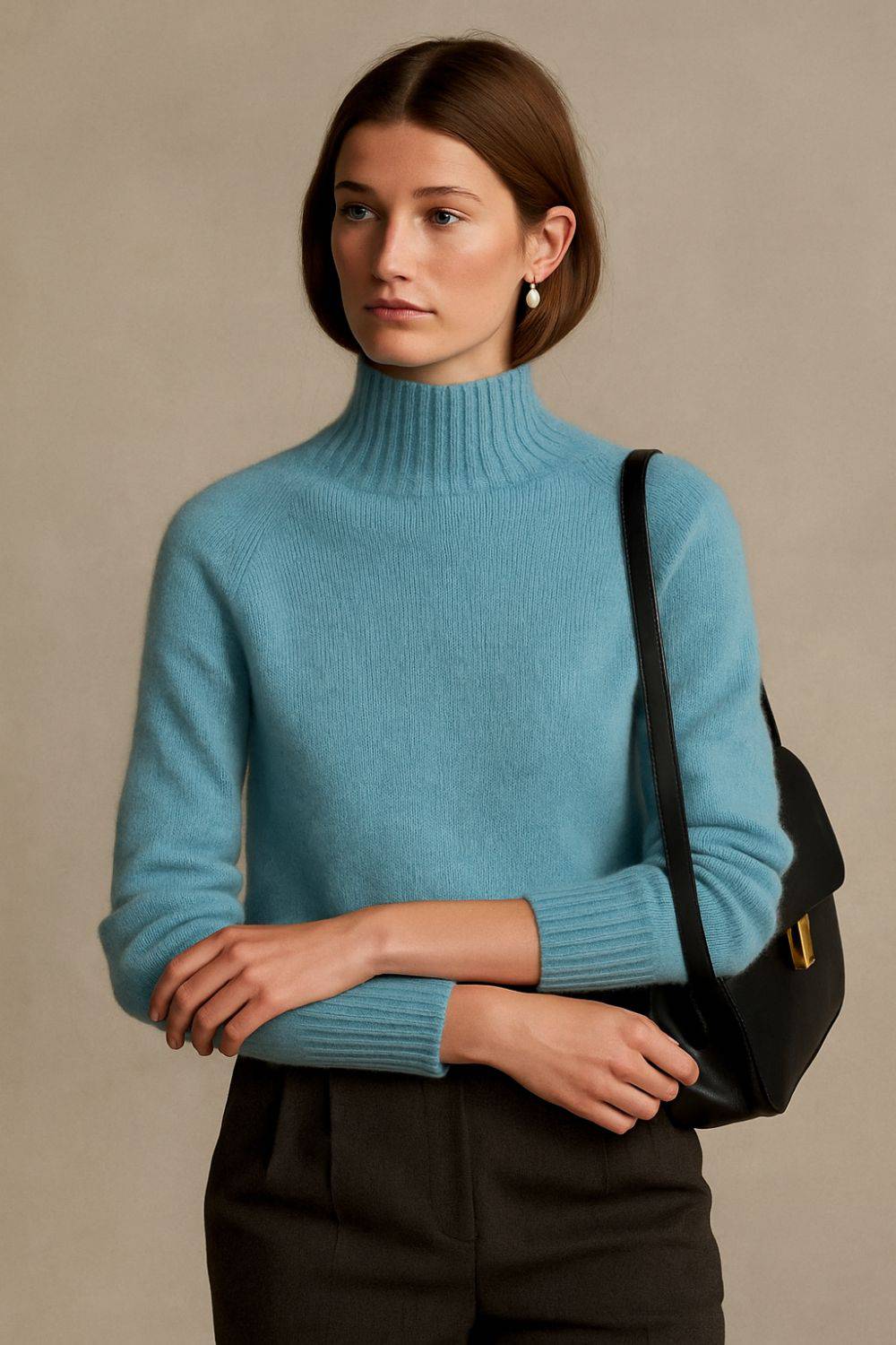 Pull en cachemire à col roulé, bleu clair, manches longues, bordures côtelées.