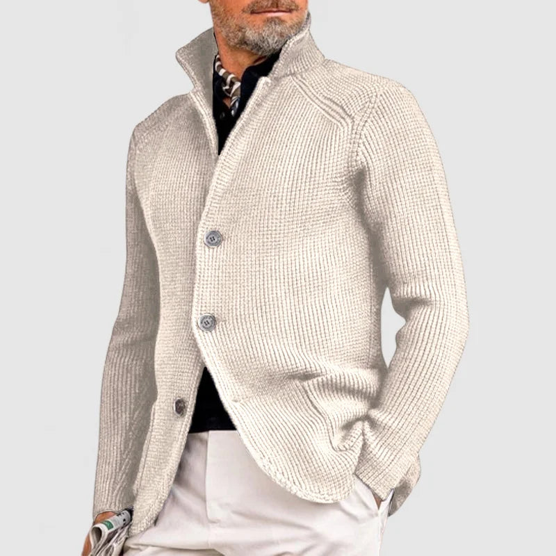 Cardigan homme col montant boutonné, maille texturée beige clair