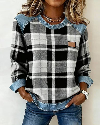 Sweat-shirt denim à carreaux noir et blanc, col denim, étiquette marron.