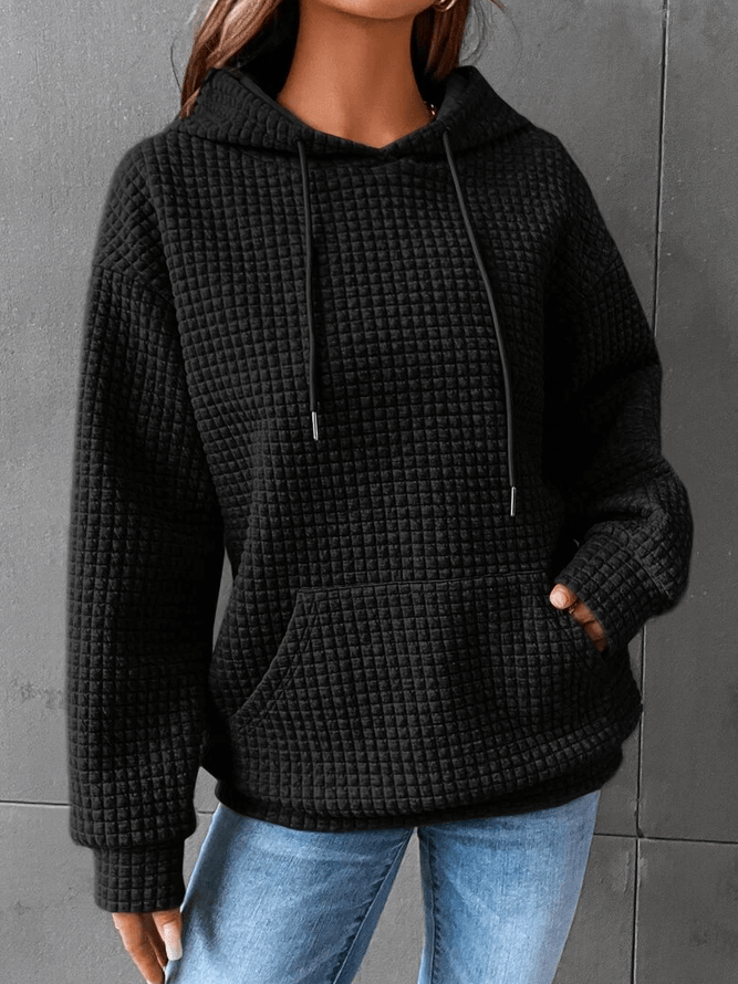 Sweat-shirt à capuche noir en tissu texturé, poche kangourou et cordons ajustables