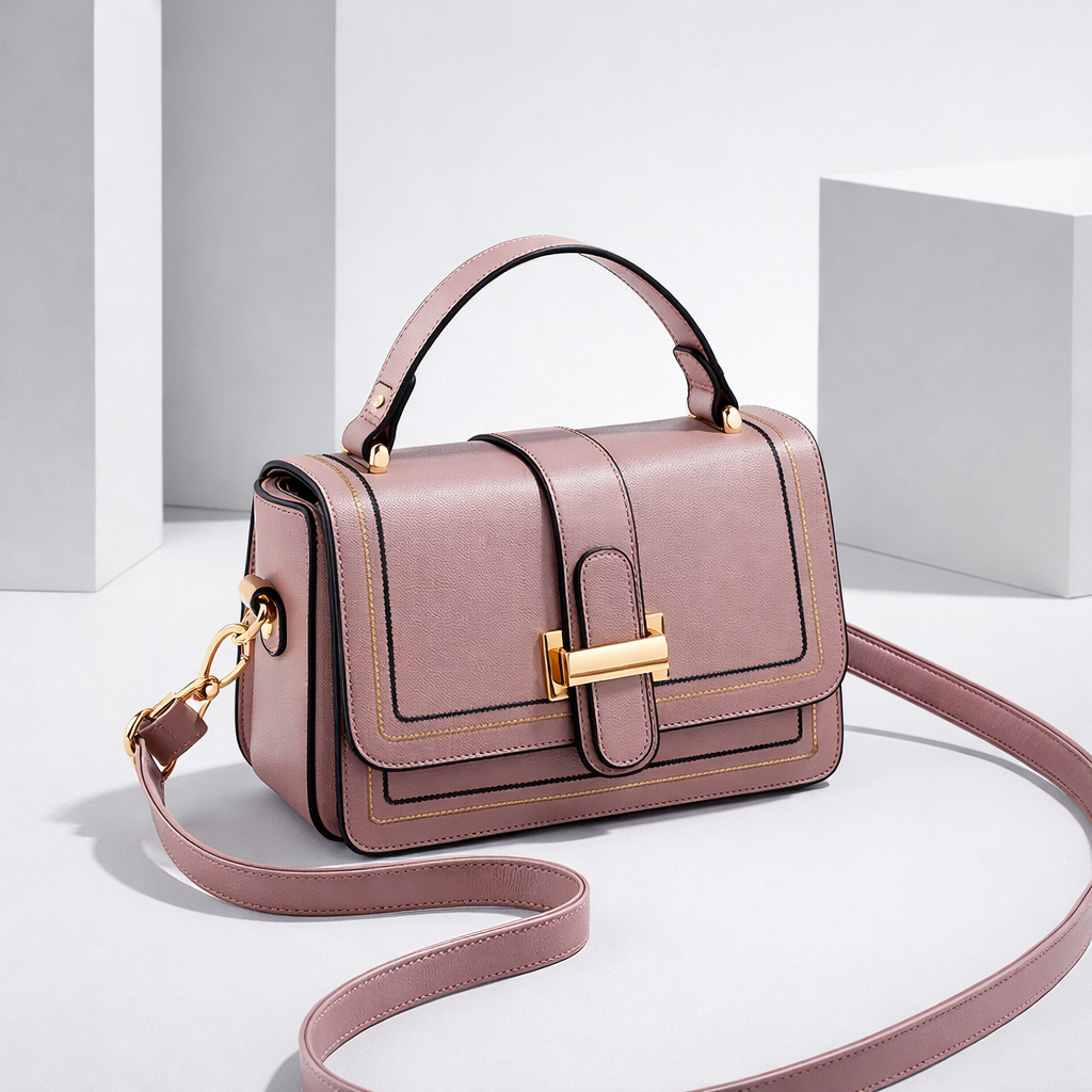 Sac à main en cuir rose poudré avec rabat et fermoir doré, bandoulière fine.