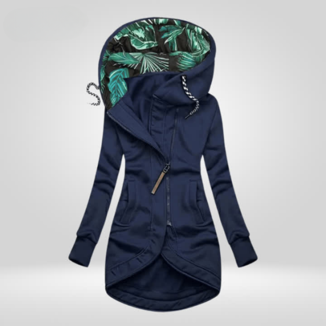Manteau d’hiver coupe-vent bleu marine à capuche motif feuillage, fermeture zip