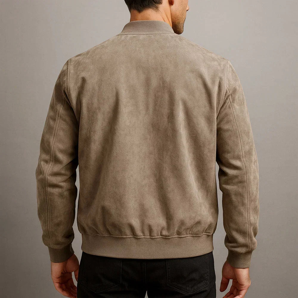 Blouson bomber moderne beige, vue dos, fermeture zippée et poignets côtelés