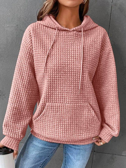 Sweat-shirt à capuche rose poudré en tissu texturé, poche kangourou et cordons