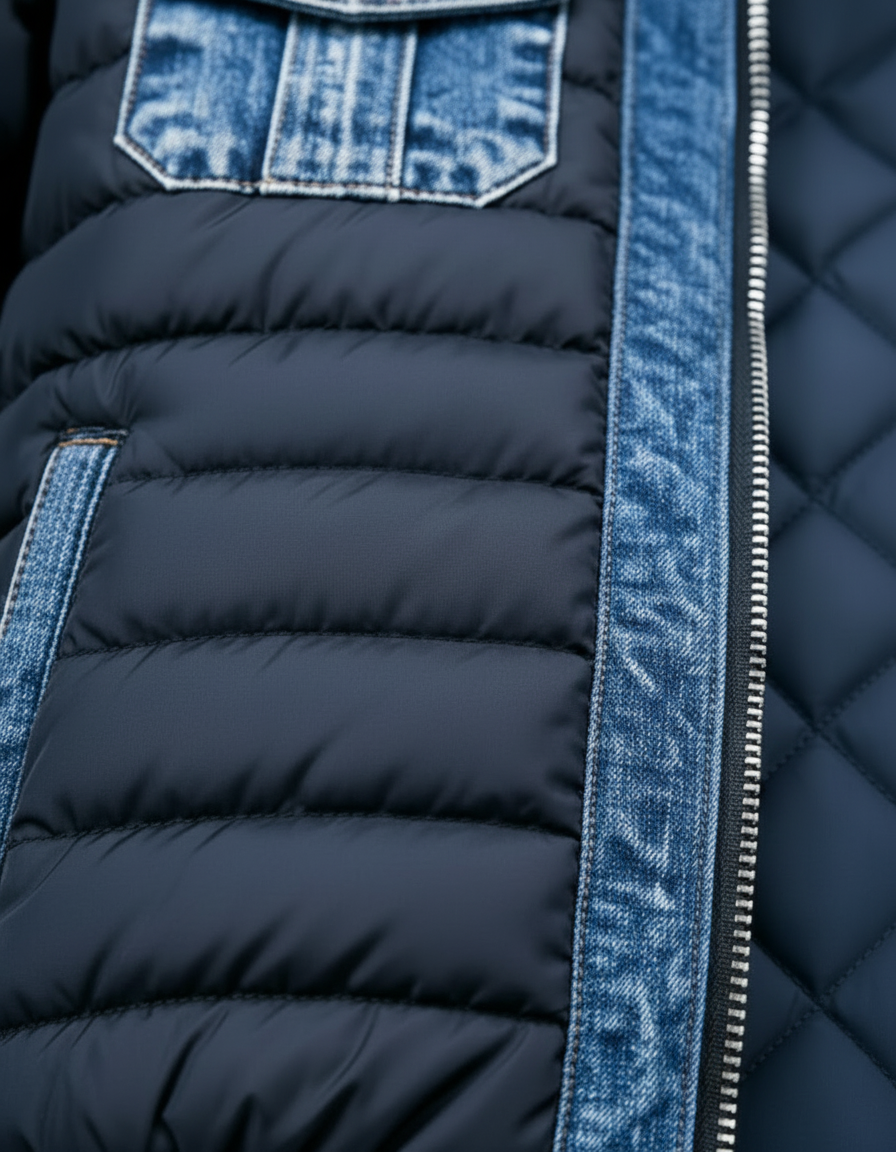 Veste en jean matelassée Thomas : matelassage noir et empiècement denim bleu latéral.