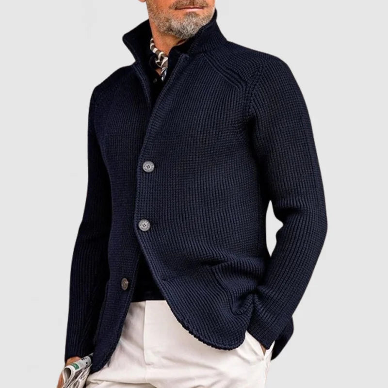 Cardigan homme col montant boutonné, maille texturée bleu marine