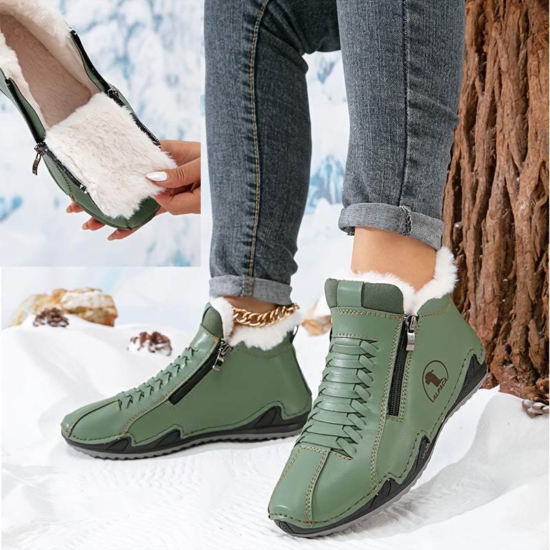 Bottines d’hiver vertes à zip et col fourré, tige montante à lacets