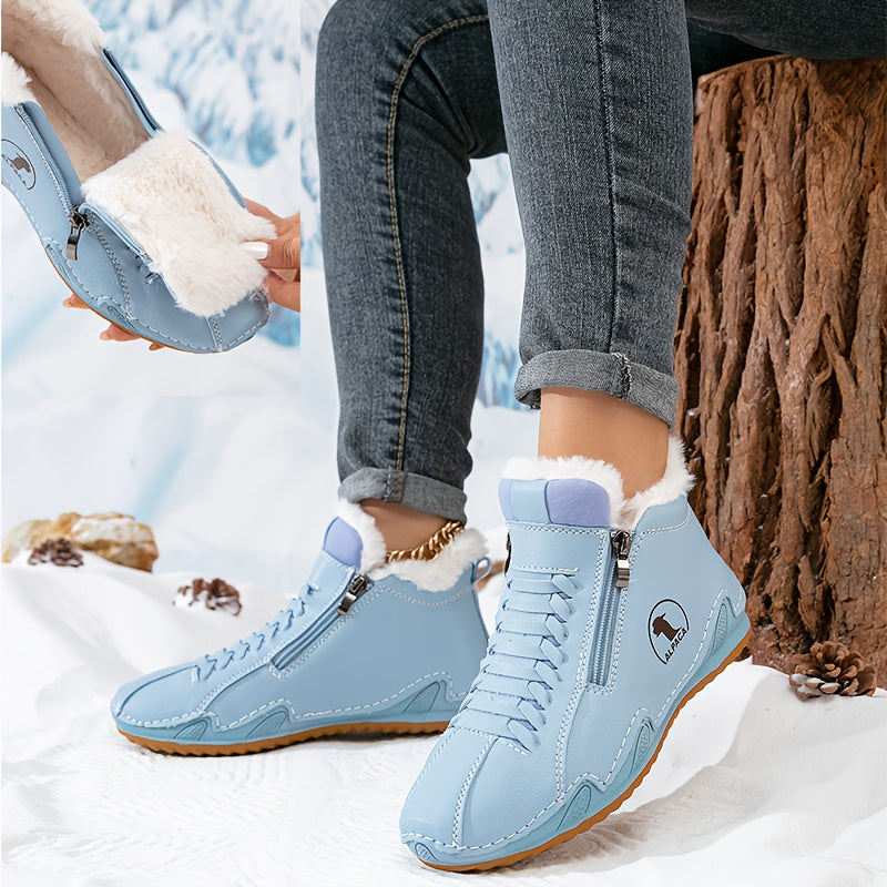 Bottines d’hiver bleu clair à zip latéral, col fourré et semelle antidérapante
