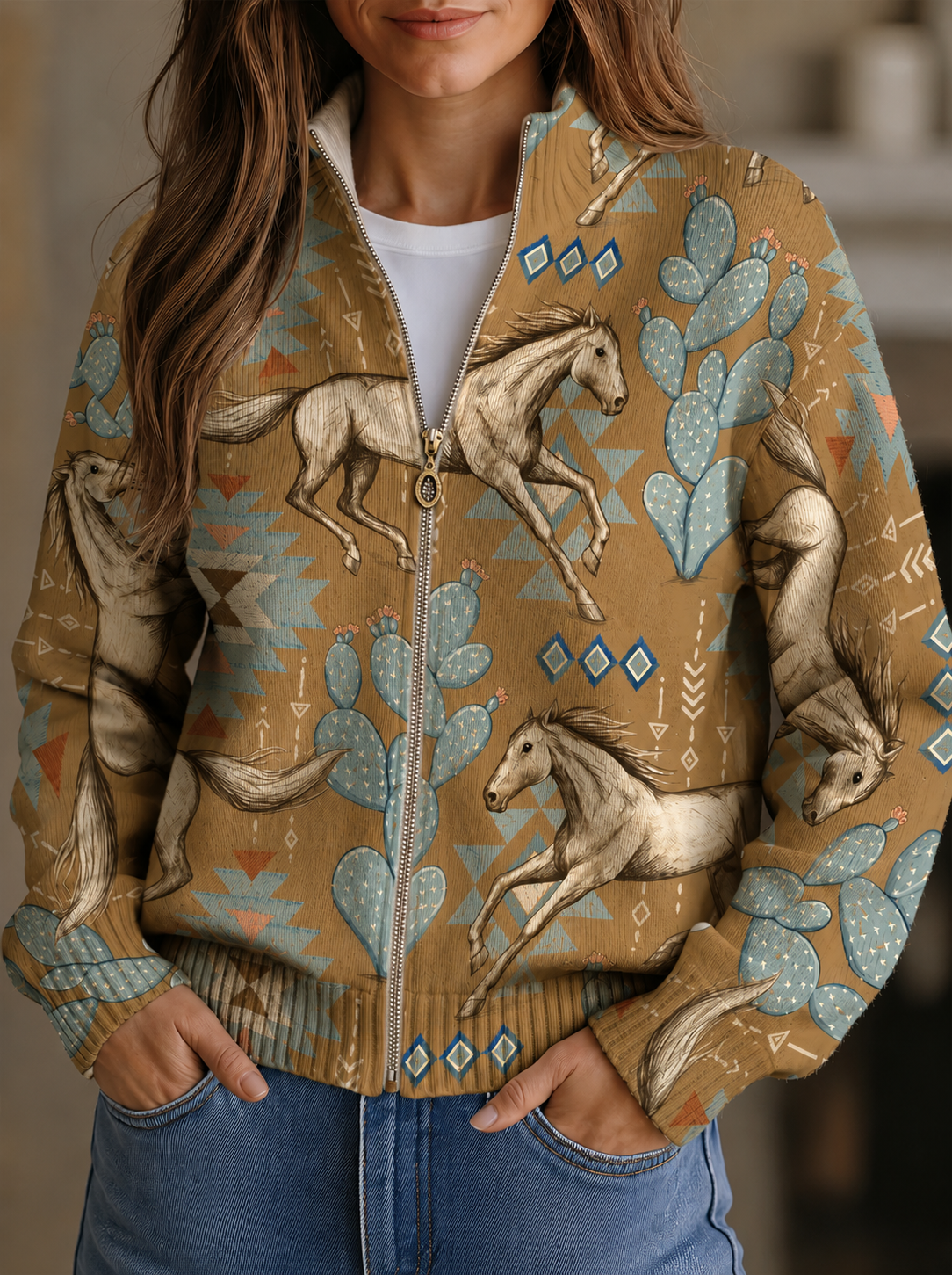 Perpetua | Cardigan zippé Cheval du Désert et Cactus