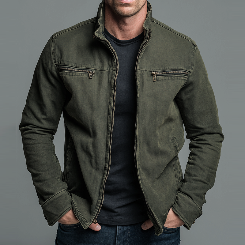 Veste vintage verte à fermeture zippée et col montant, poches poitrine boutonnées