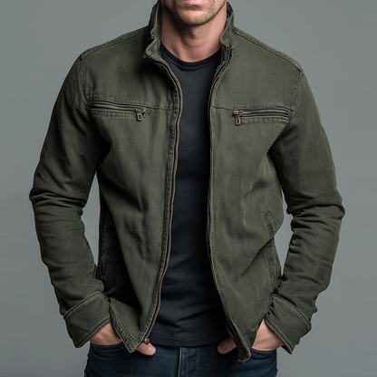Veste vintage verte à fermeture zippée et col montant, poches poitrine boutonnées