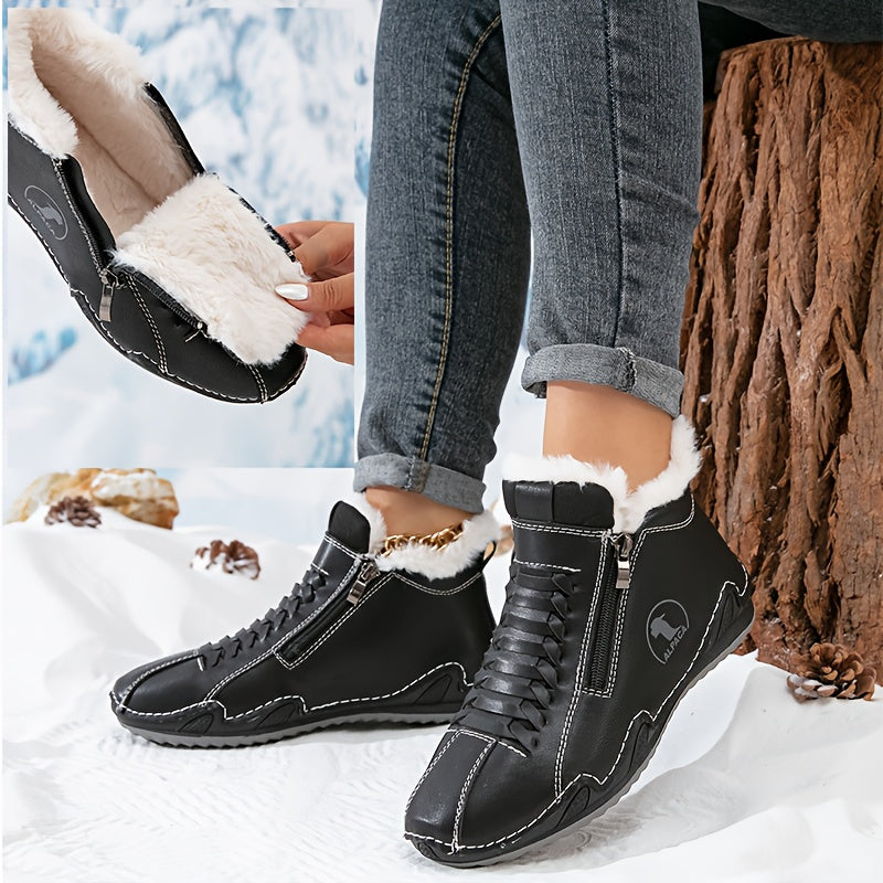 Bottines d’hiver noires à zip, col fourré et surpiqûres décoratives