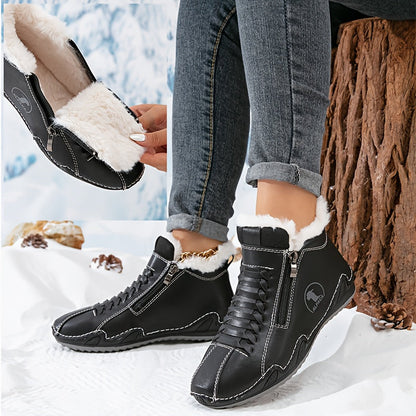 Bottines d’hiver noires à zip, col fourré et surpiqûres décoratives