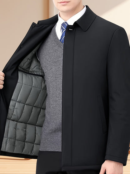 Veste à col à revers marine zippée pour homme, vue avant avec doublure matelassée entrouverte