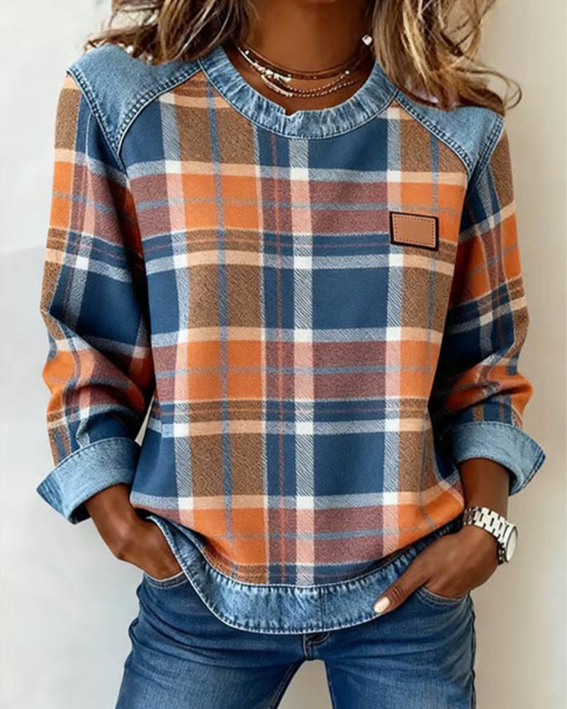 Sweat-shirt denim à carreaux orange et bleu, col denim, étiquette marron.