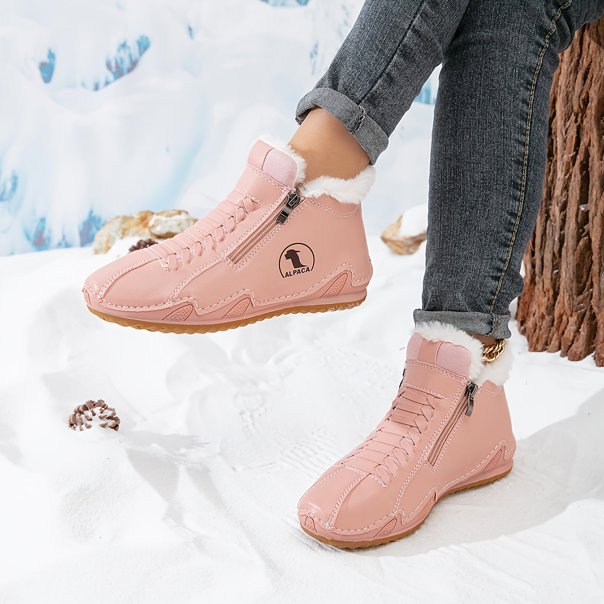 Bottines d’hiver roses à zip et col fourré, semelle crantée antidérapante