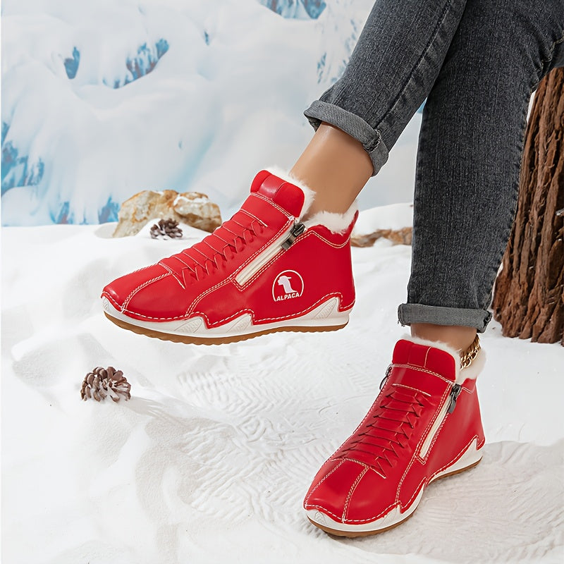 Bottines d’hiver rouges à tige haute, lacets, doublure fourrée et semelle épaisse