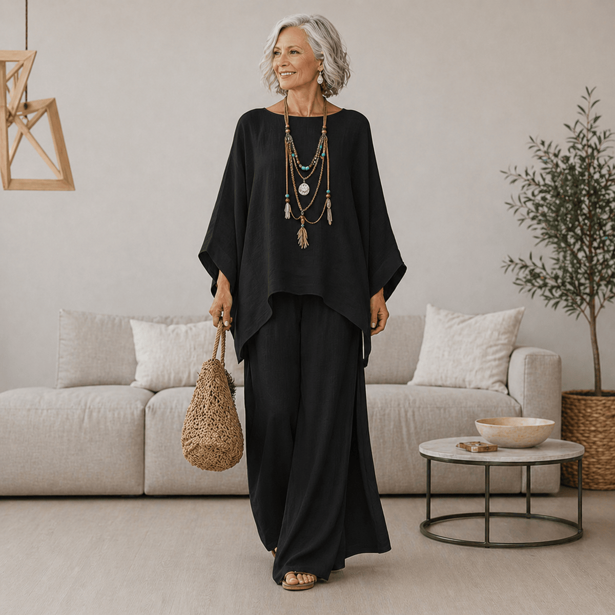 Ensemble noir ample: tunique et pantalon long assortis, col rond, manches chauve-souris